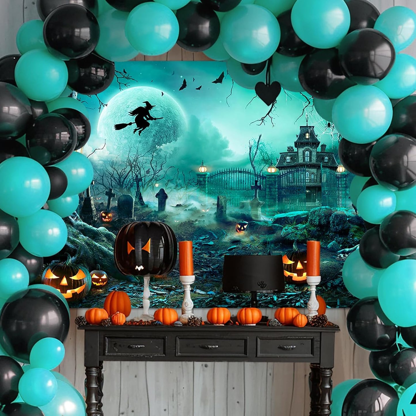 Avezano Halloween Photography Backdrop Full Moon Scary Night Castle Pumpkins Party Background Spooky Witch Bats Cemetery Child Kids Halloween Party Decorations Photoshoot Backdrops (8x6ft, Green)