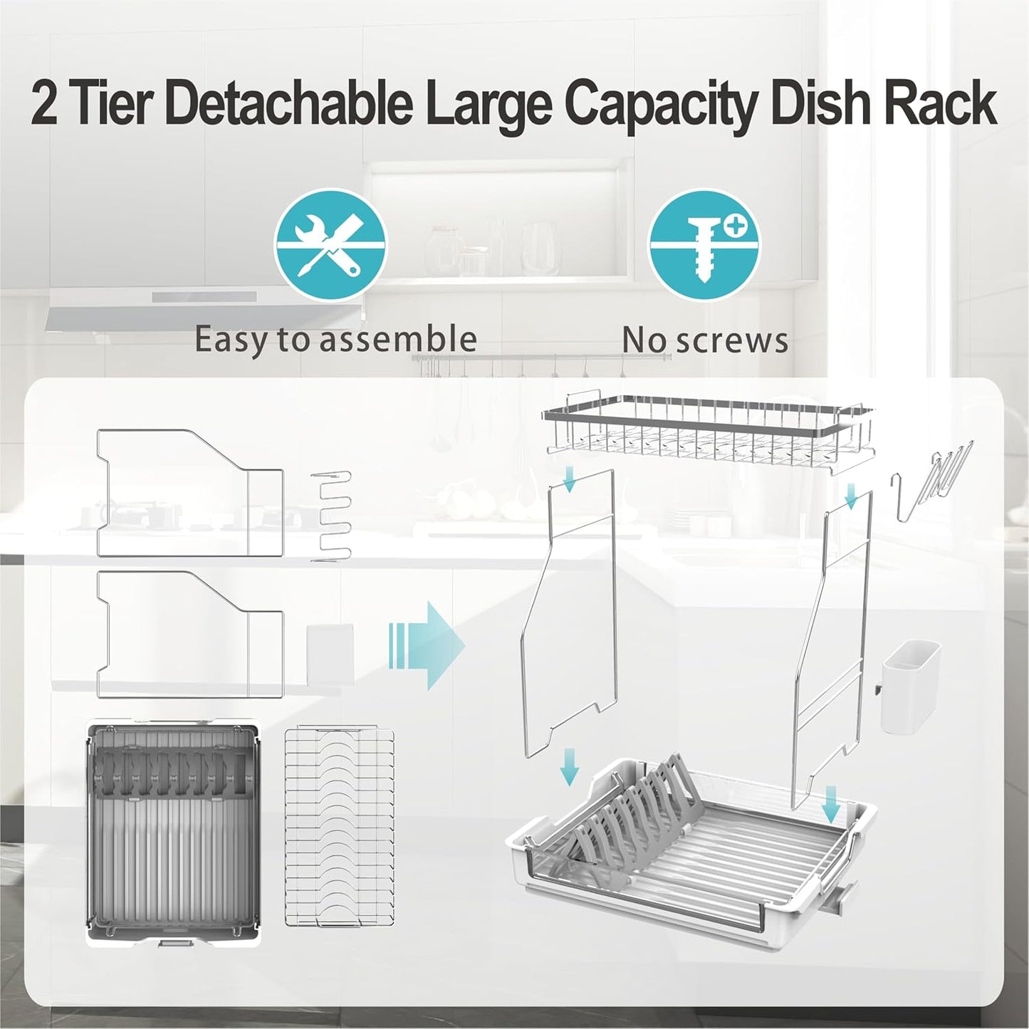 Rustproof Dish Drying Rack, 2 Tier Large Dish Rack,17.13"(L) x 13.2"(W) x 15.35"(H), Detachable Dish Drainer Organizer with Utensil Holder, Drainboard,White