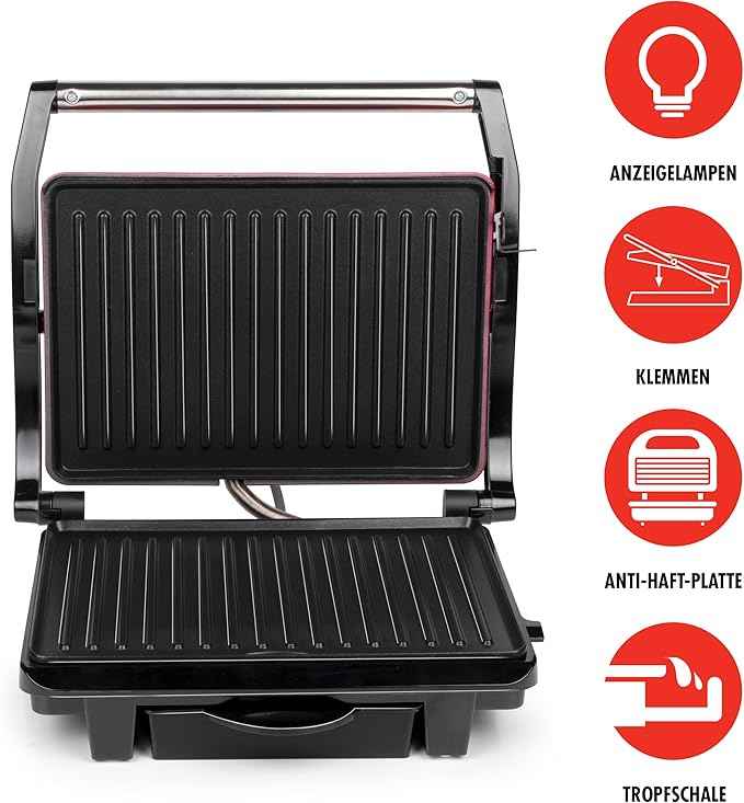 ALPINA 8711252252773 Contact Grill - 230V/1000W - Sandwich maker - Panini Grill - Vegetable, Bread and Meat - Non-stick - Drip tray - Black/Red