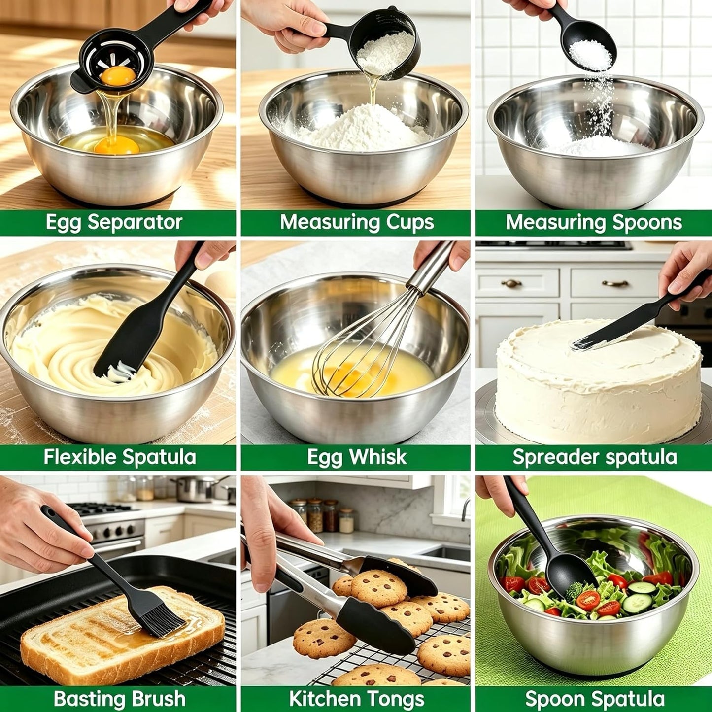 Deedro Premium Mixing Bowls with Airtight Lids Set, 22Pcs Thicker Stainless Steel Mixing Bowl Set, Large Prep Metal Bowls, Non-Slip Silicone Base Nesting Bowls for Kitchen, 1.5/2/3/4/5 QT, Black