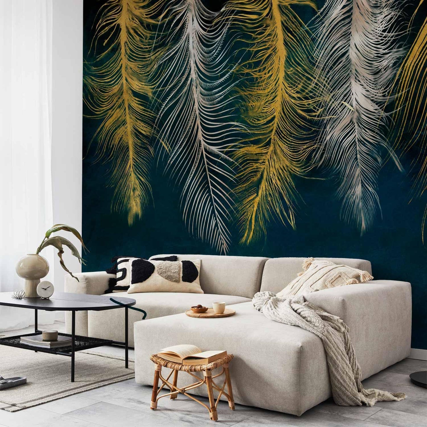 artgeist Wall Mural Feather 77x55 in - XXL Peel and Stick Self-Adhesive Wallpaper Removable Large Sticker Foil Wall Decor Print Picture Image Design Abstract Beige Navy Blue b-A-0812-a-a