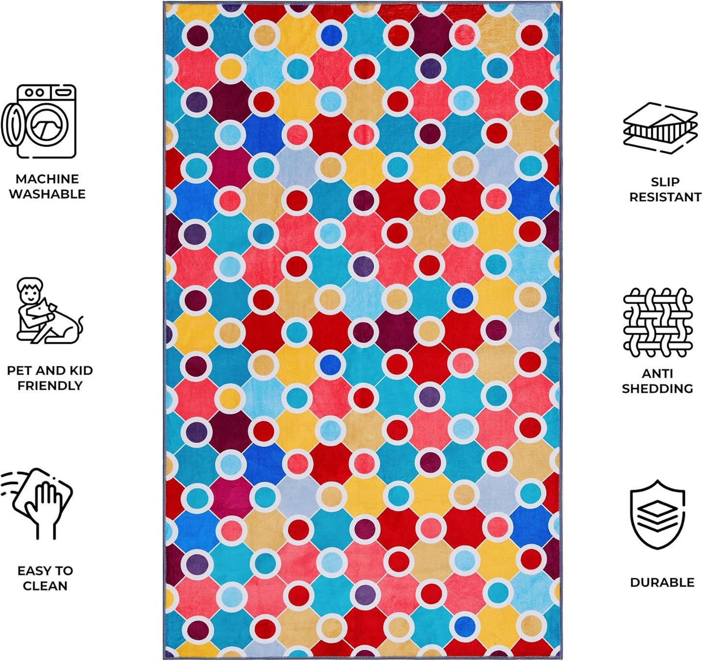 Machine Washable Polka Dot Rug for Kids Area - Multicolor Soft Rug for Nursery/Playroom/Classroom - 6x9