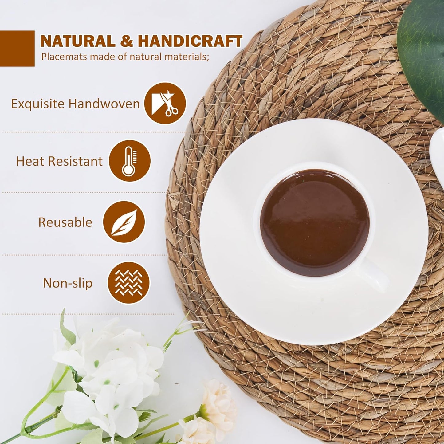 Defined Deco Woven Placemats Set of 10,12" Round Rattan Placemats,Natural Hand-Woven Water Hyacinth Placemats,Farmhouse Weave Place Mats,Rustic Braided Wicker Table Mats for Dining Table,Home,Wedding.