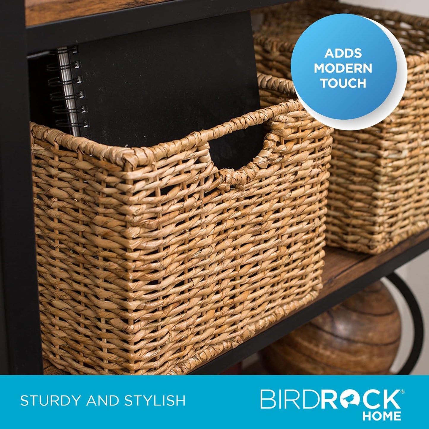 BIRDROCK HOME Storage Shelf Organizer Baskets with Handles - Handwoven Abaca Seagrass Wicker Basket for Pantry, Living Room, Office & Bathroom, Versatile Under Shelf Storage - Set of 3, Natural
