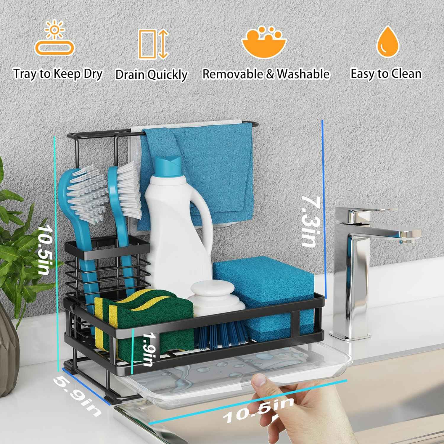 Godboat Kitchen Sink Organizer with Brush Rack, 304 Stainless Steel Dish Soap Dispenser, Sponge Holder for Kitchen Sink, Sink Caddy with Drain-Pan, Cool Kitchen Gadgets & Gifts for Women, Christmas