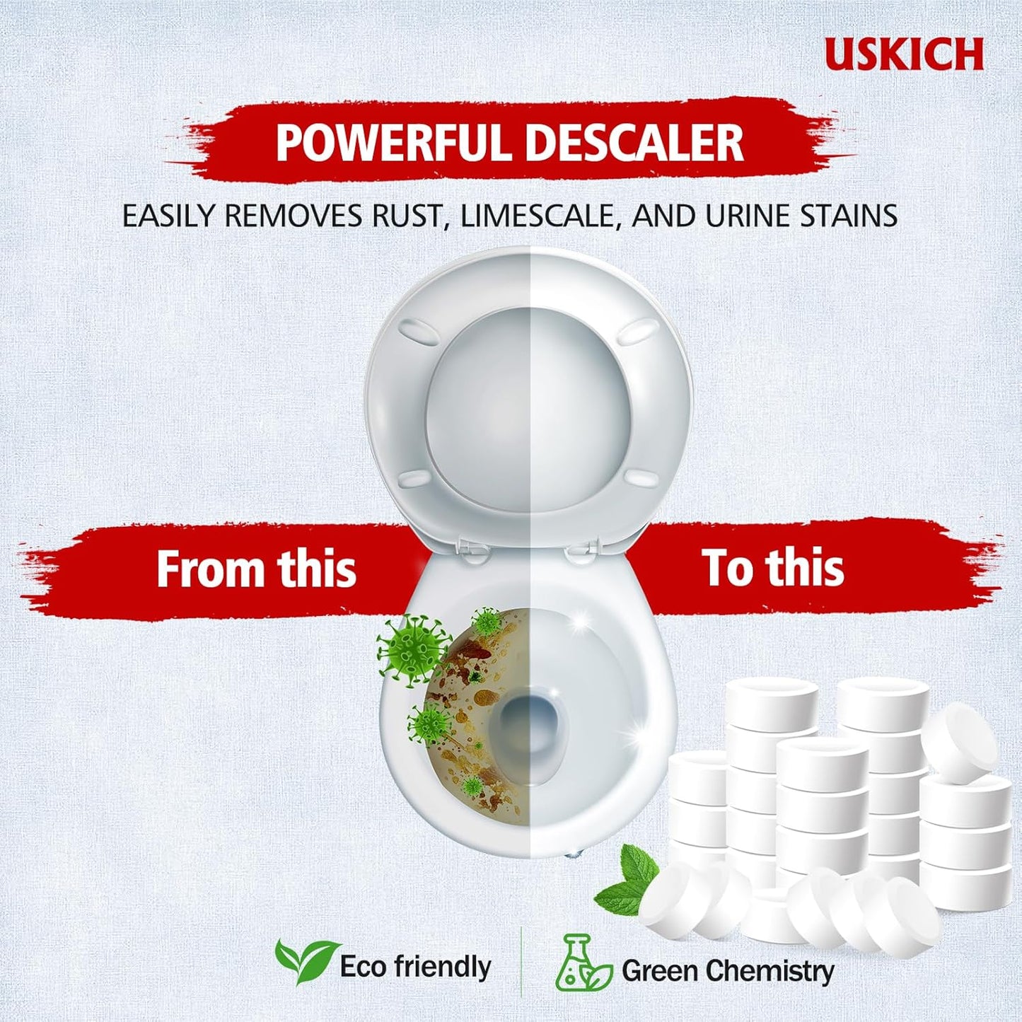 USKICH Toilet Bowl Cleaner - 80 PACK, Household Automatic Toilet Bowl Cleaners with Bleach, Bathroom Toilet Tank Cleaners Tablets with Sustained-Release Technology for Against Tough Stains