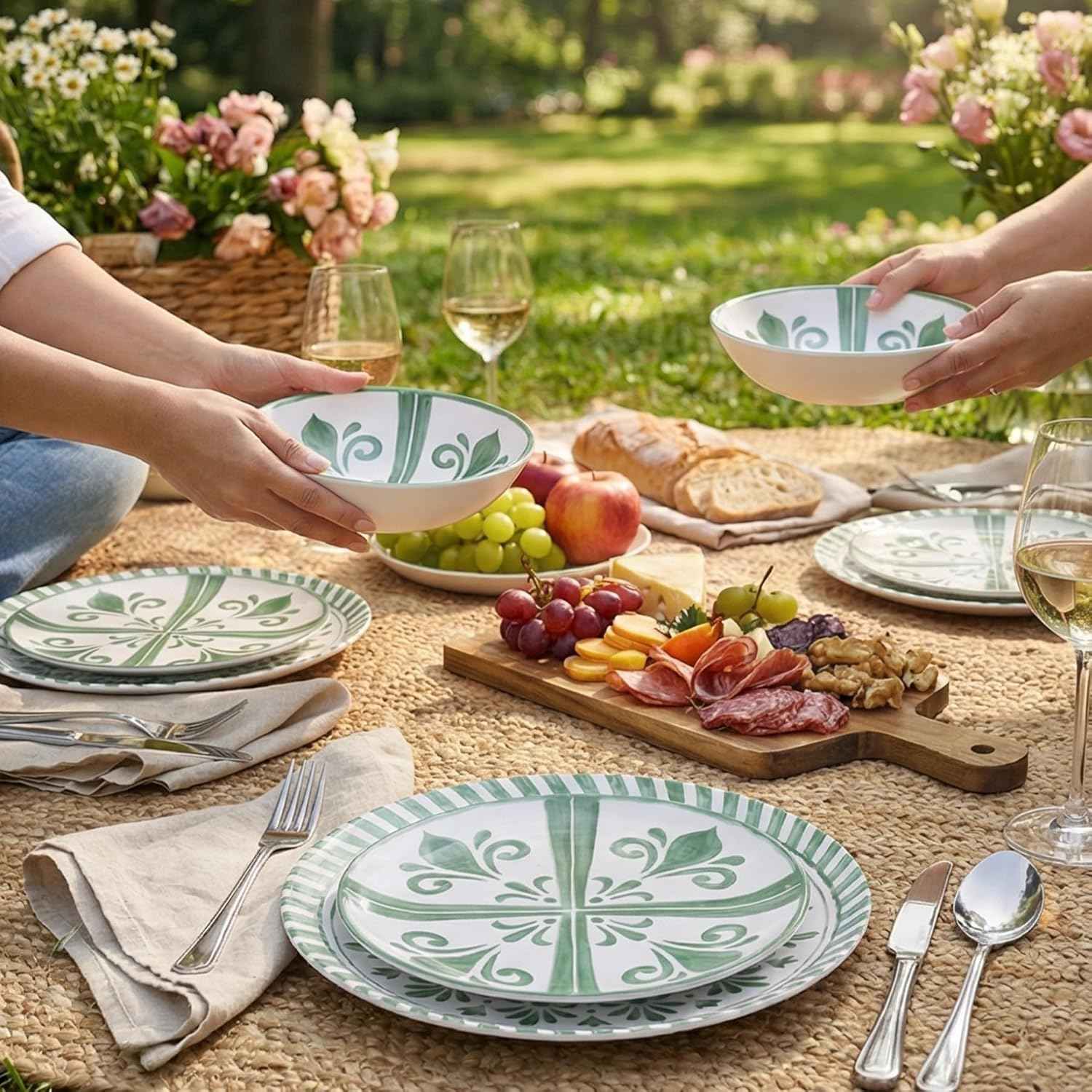 Melamine Dinnerware Sets, Dinnerware Sets for 4, 12Pcs Plates and Bowls Sets, Green Floral Embossed Design Dish Set for Indoor and Outdoor Use