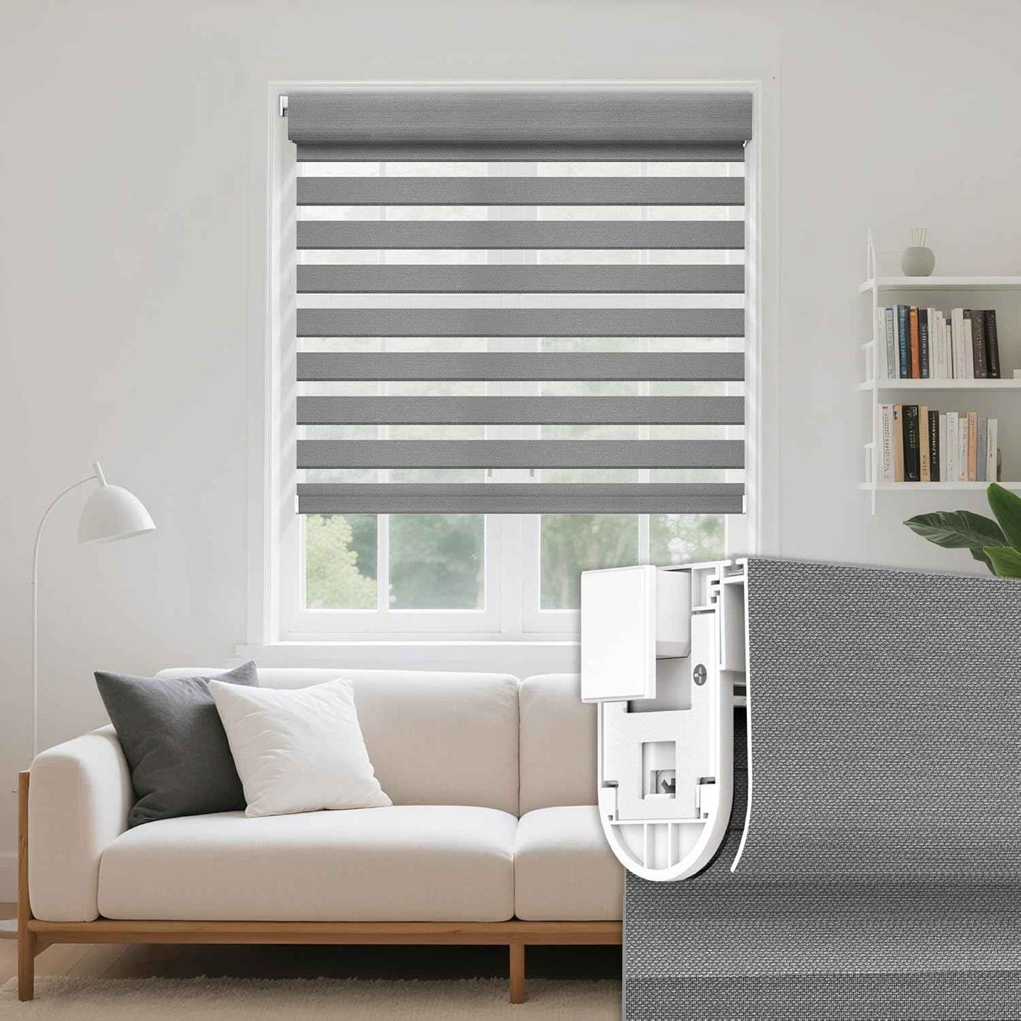 Grandekor No Drill Cordless Zebra Blinds, Dual Layer Light Filtering Day & Night Roller Shades, Inside Mount Free-Stop Privacy Window Shades for Home, Easy Install(35" W x 64" H, Grey)