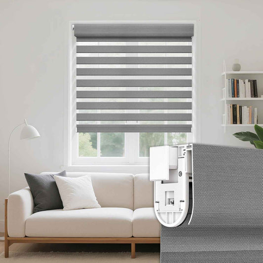 Grandekor No Drill Cordless Zebra Blinds, Dual Layer Light Filtering Day & Night Roller Shades, Inside Mount Free-Stop Privacy Window Shades for Home, Easy Install(35" W x 64" H, Grey)