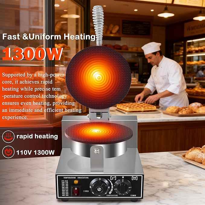 110V Electric Ice Cream Cone Maker 1300W Commercial Waffle Cone Machine 1300W Electric Stainless Steel Egg Cone Baker Non Stick coating with Temp & Time Control for for Restaurant Bakeries