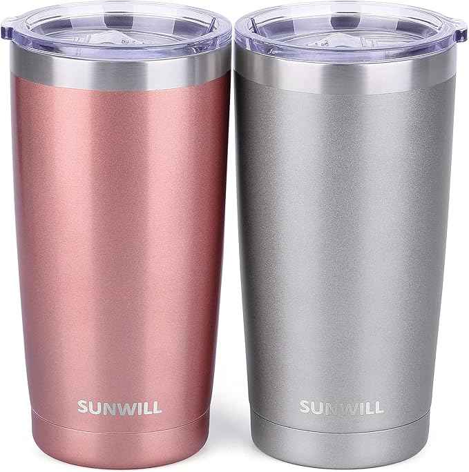 SUNWILL Travel Coffee Mug Set of 2, 20 oz Tumbler with Lid, Insulated Stainless Steel Cup for Water, Tea, Ice, Rose Gold & Cool Grey