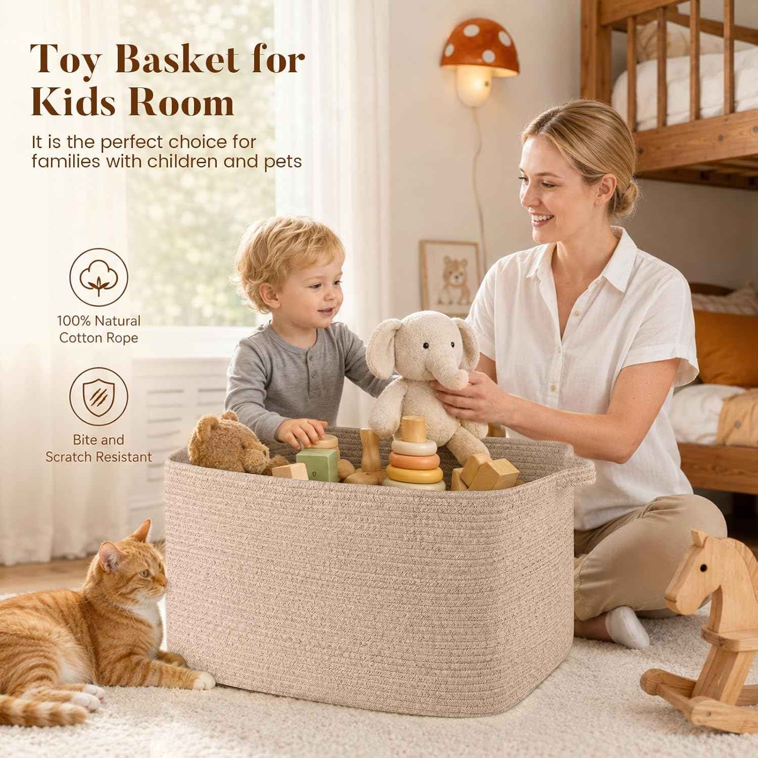 95L Cotton Rope Large Blanket Basket (24" x 16.9" x 14.2") for Living Room, Kids Room & Laundry, Storage Basket with Handle for Organizing Blankets, Pillows, Clothes & Toys, Brown