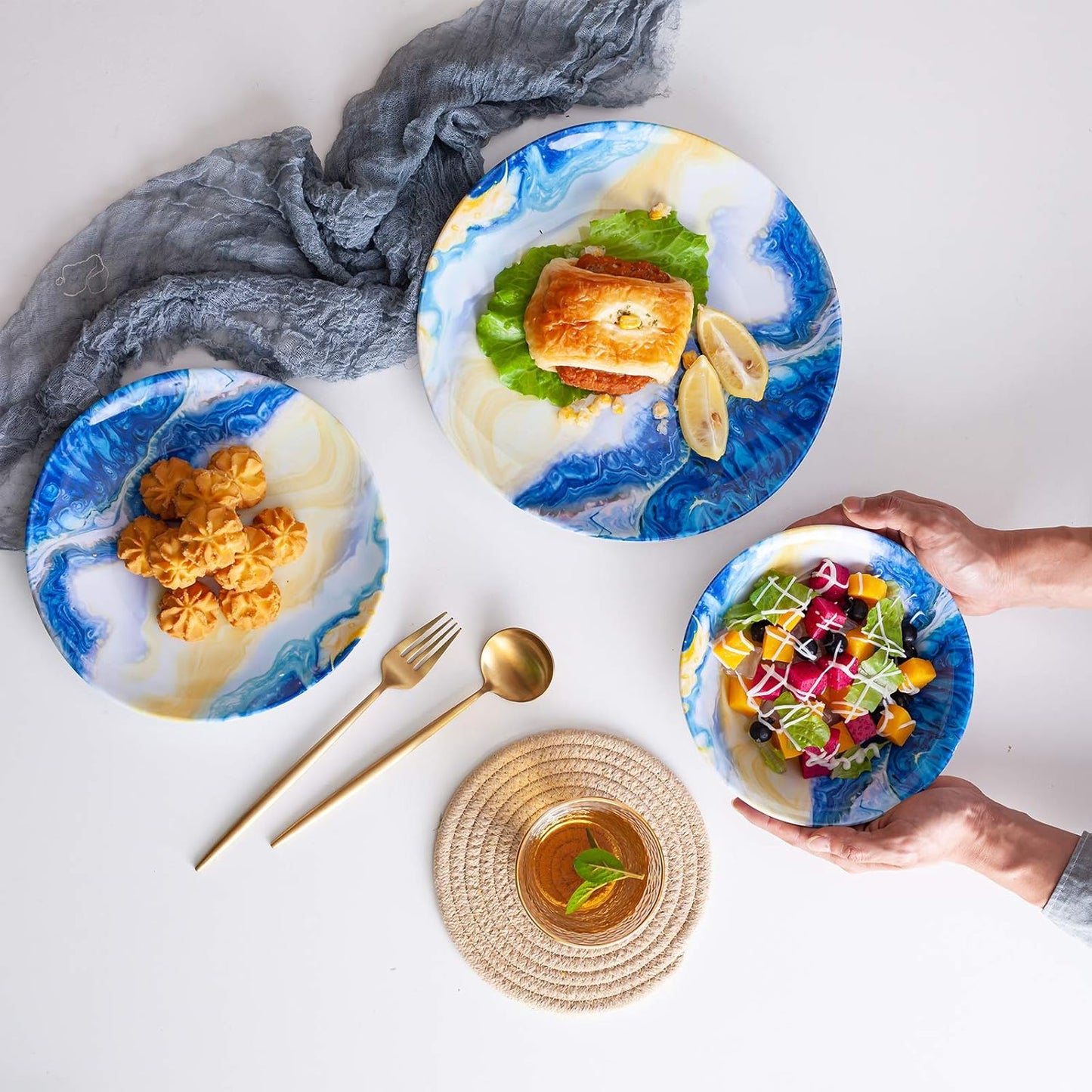12 Pcs Melamine Dinnerware Set - Indoor and Outdoor Durable Plastic Dishes Dishware，Melamine Dinner Plates and Bowls Sets Service for 4，Lightweight Unbreakable（Landscape Painting）