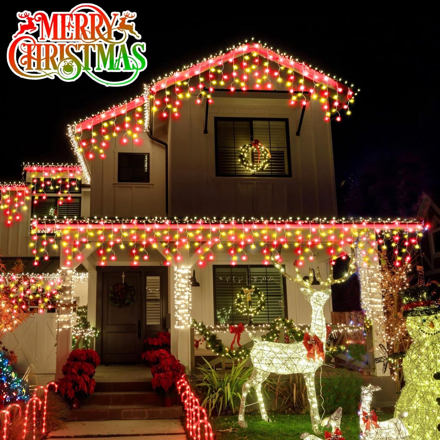Heceltt Christmas Lights Outdoor, 2 Pack Total 98FT 960 LED Ice Lights for Outside with 180 Drops 8 Modes Timer Memory, Plug in Waterproof for Holiday Eaves Yard Roof Party Decor (Red and Warm White)