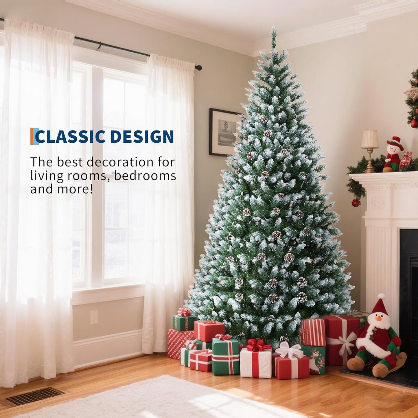 9 ft Christmas Tree, Christmas Decorations with 900 Lights, Pre-lit Artificial Christmas Tree with 1800 Snowy White PVC Branches, Flodable Metal Stand＆Easy Assembly