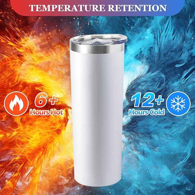 20 oz Skinny Tumblers with Lid and Straw,Stainless Steel Vacuum Insulated Tumbler Cup Double Wall Travel Coffee Mug, Thermal Water Tumbler for Hot and Cold Drinks(White,8)