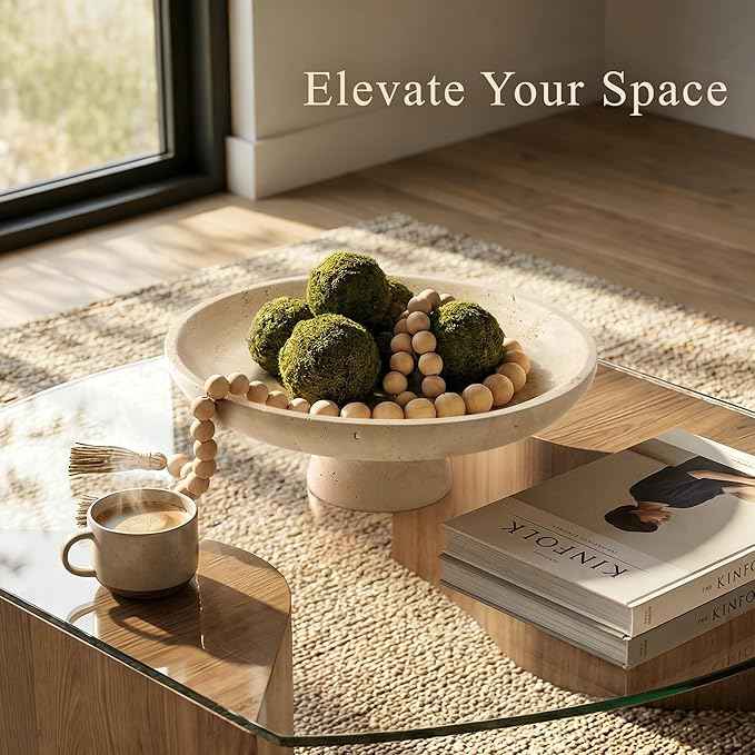 YMXYJM Natural Marble Pedestal Fruit Bowl, Large Decorative Bowl for Kitchen Counter/Living Room/Dining Table/Entryway, Beige