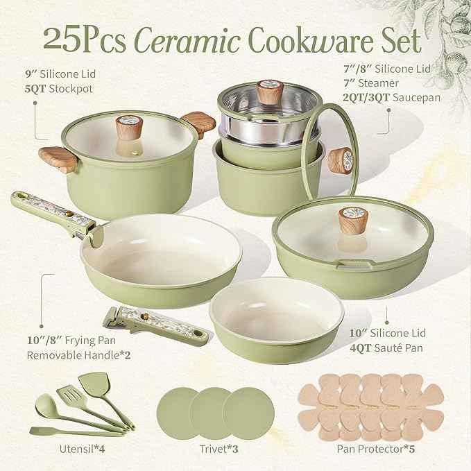 CAROTE 25-Piece Ceramic Cookware Set, Nonstick Pots and Pans Set with Detachable Handle, Non-Toxic Kitchen Cooking Set, Dishwasher & Oven Safe, Induction Compatible, PFAS Free, Mothers Day Gifts