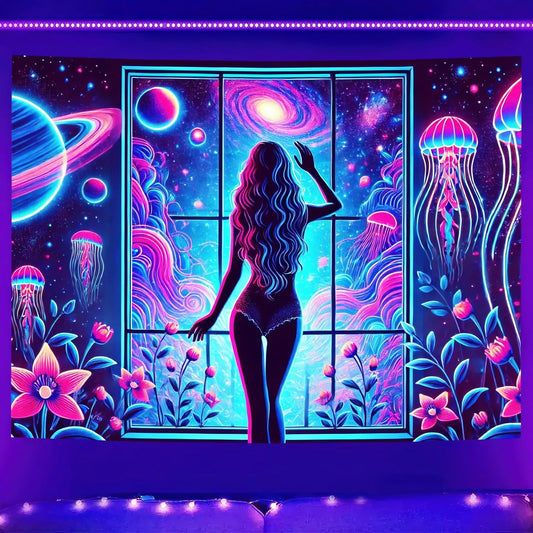 BlissYard Blacklight Tapestry Girl UV Reactive Tapestry 78x59 Inch Black Light Jellyfish Galaxy Planet Decoration Glowing Large Neon Wall Hanging for Living Room Bedroom Decor Teens