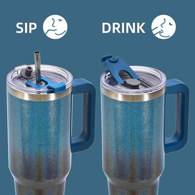 40 oz Shiny Tumbler with Handle and Straw,Stainless Steel Tumbler with Lid and Straw,Insulated Travel Mug(Cold for 34 Hours),Water Bottle for Iced Tea,Coffee (Black Blue)
