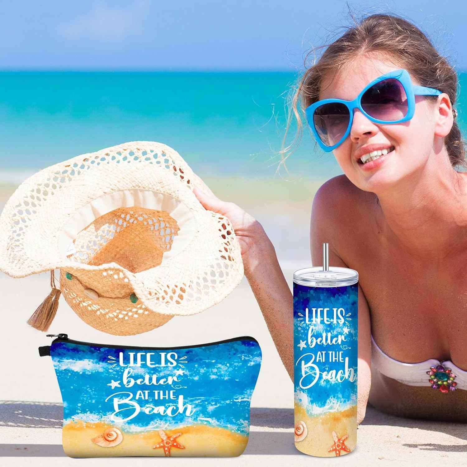 Mimorou Beach Gifts for Women 20 oz Insulated Tumbler with Straw and Lid Summer Ocean Sunset Makeup Bag Cosmetic Bag with Zipper, Cruise Vacation Gift for Ocean Lover(Life)