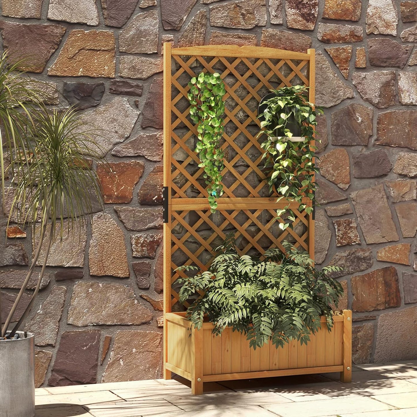HAPPYGRILL 2 Pcs Raised Garden Bed, 71" Garden Planter with Trellis, Drainage Holes, Freestanding Garden Planter for Vine Climbing Plants, Wooden Planter Box for Yard Balcony (Yellow)