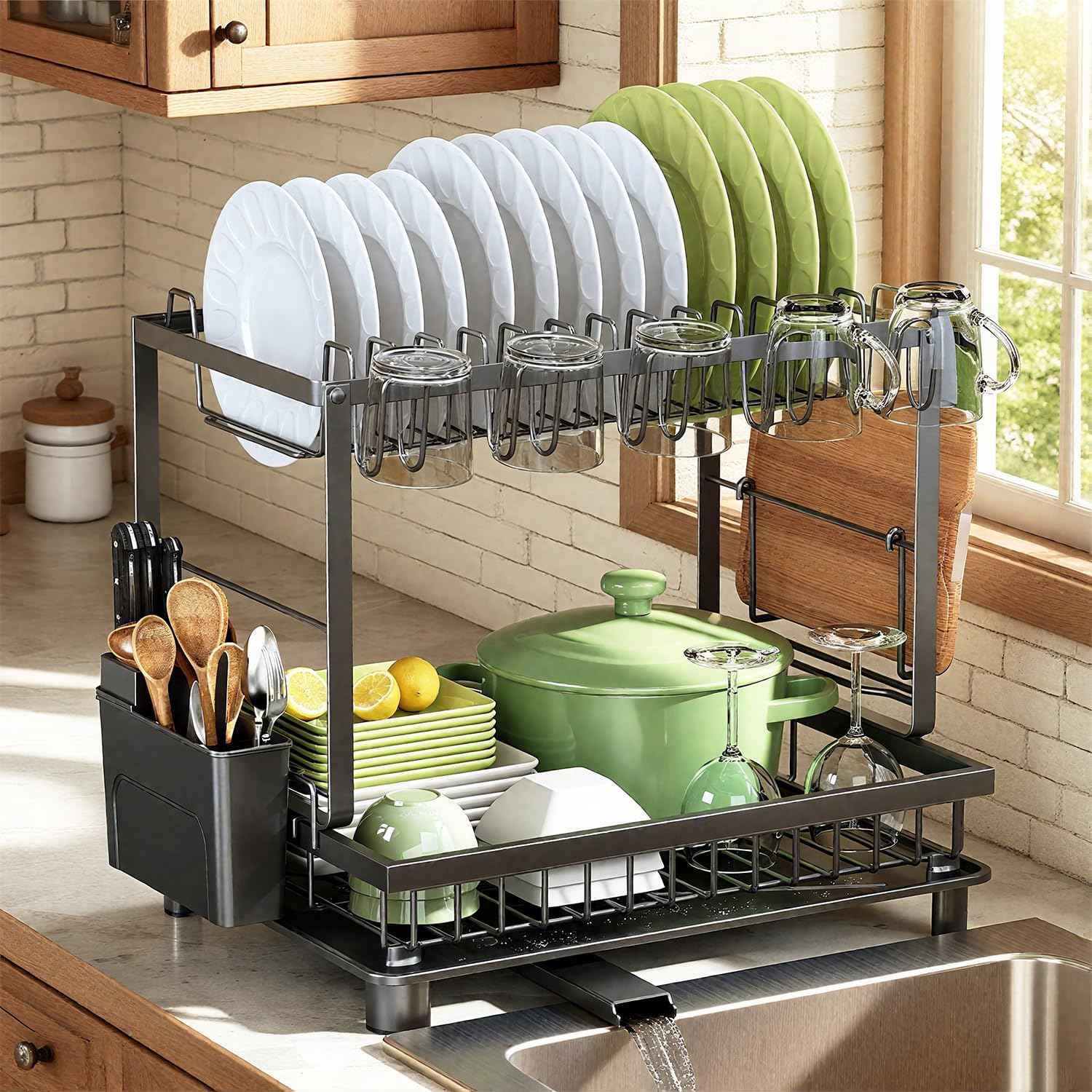 Dish Drying Rack, 2 Tier Space-Saving Dish Rack, Multifunctional Dish Drainer for Kitchen Counter with Drainboard/Utensil/Cup Holder Rustproof Carbon Steel, Black
