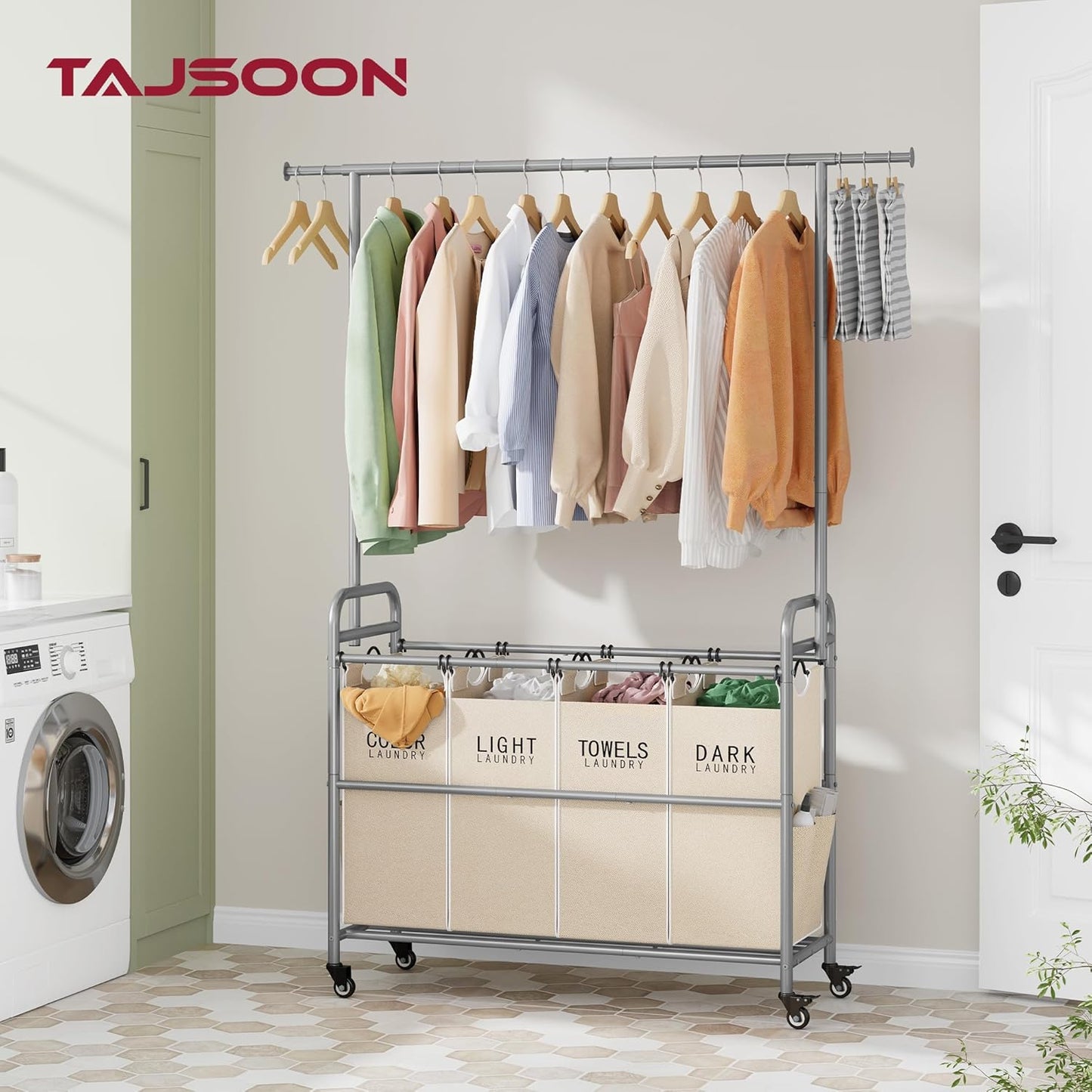 Tajsoon Laundry Hamper with Hanging Rack, Laundry Sorter 4 Sections, 4 Basket Butler with Lockable Wheels and Removable Bag, Rolling Laundry Cart for Bedroom, Beige