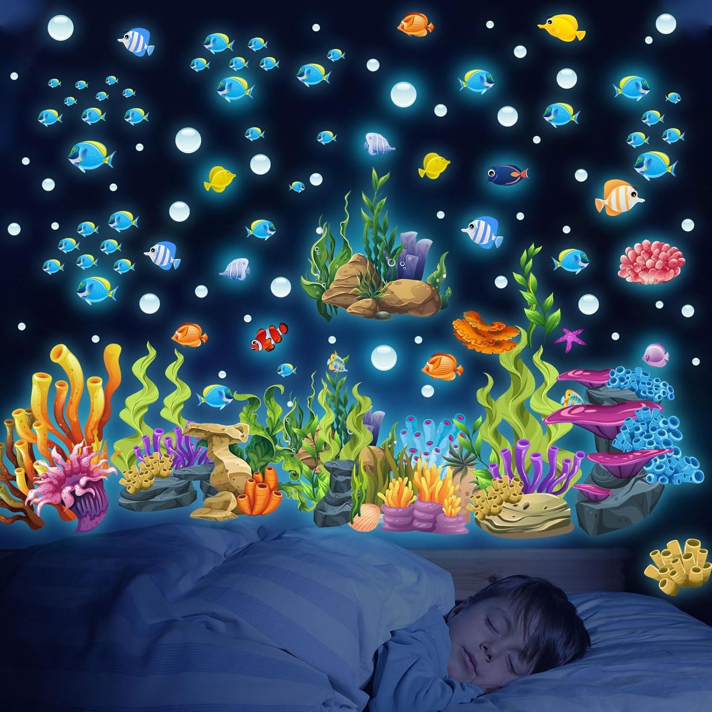 Glow in The Dark Under The Sea Wall Decals, Coral Reef and Seaweed Undersea Ocean Wall Stickers Luminous Removable Underwater Sea Wall Stickers for Kids Boys Bedroom Watercolor Ocean Creatures Decor