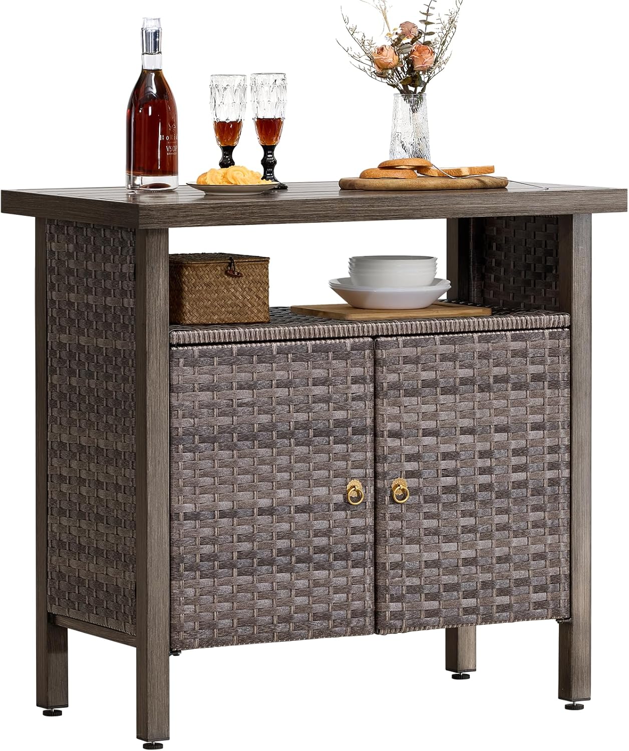 Outdoor Storage Cabinet, Woven Rattan Bar Table with 2 Doors, Slatted-Top, Wicker Console Table for Patio, Garden, Backyard, Kitchen - Brown