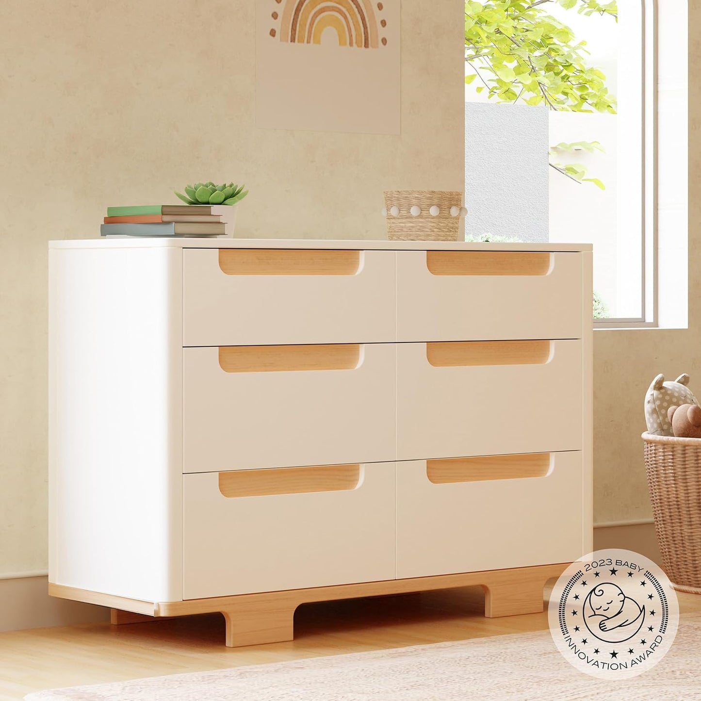 babyletto Yuzu 6-Drawer Dresser in White and Natural, Greenguard Gold Certified