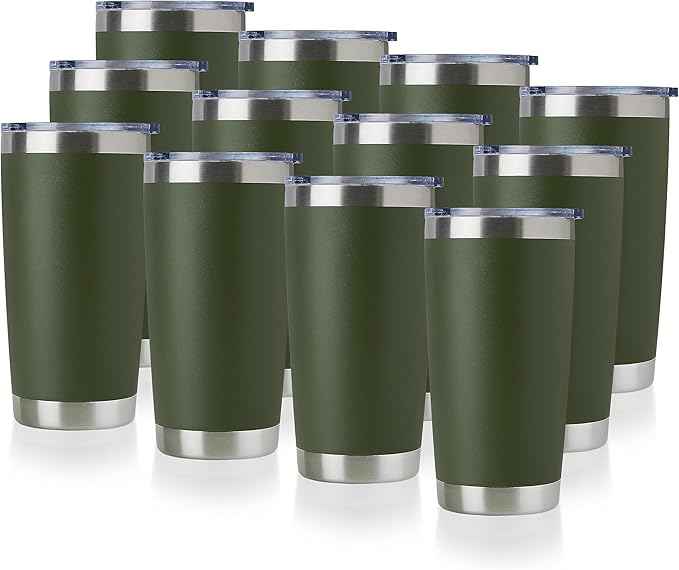 DOMICARE 20oz Stainless Steel Tumbler Bulk with Lid, Double Wall Vacuum Insulated Travel Mug, Powder Coated Coffee Cup, Army Green, 12 Pack