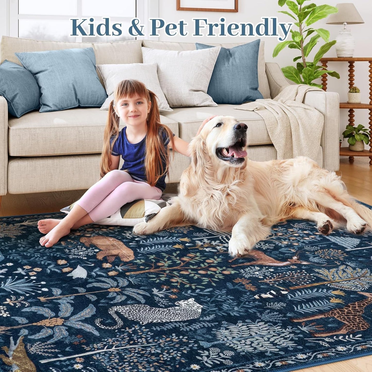OJIA Jungle Print Blue 5x7 Rugs for Living Room, Soft Ultra-Thin Washable Area Rugs for Bedroom Non-Slip Modern Entryway Rug Non Shedding Indoor Carpet Kids Rugs for Playroom Nursery Classroom