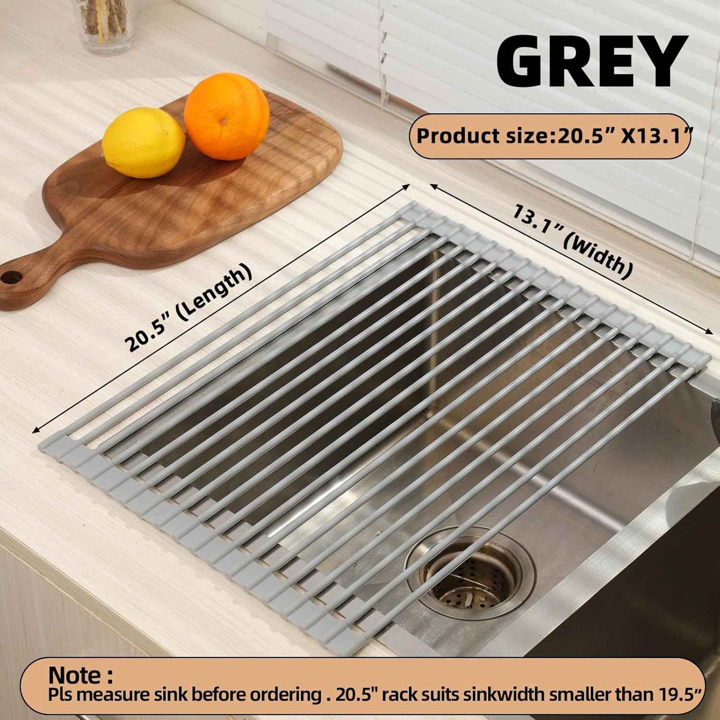 SAOSHYPEI Roll Up Dish Drying Rack,Over The Sink Dish Drainer Anti-Slip Dish Racks for Kitchen Counter,Silicone Coated Steel Multipurpose Space Saving for Kitchen,20.5" x 13.1", Grey