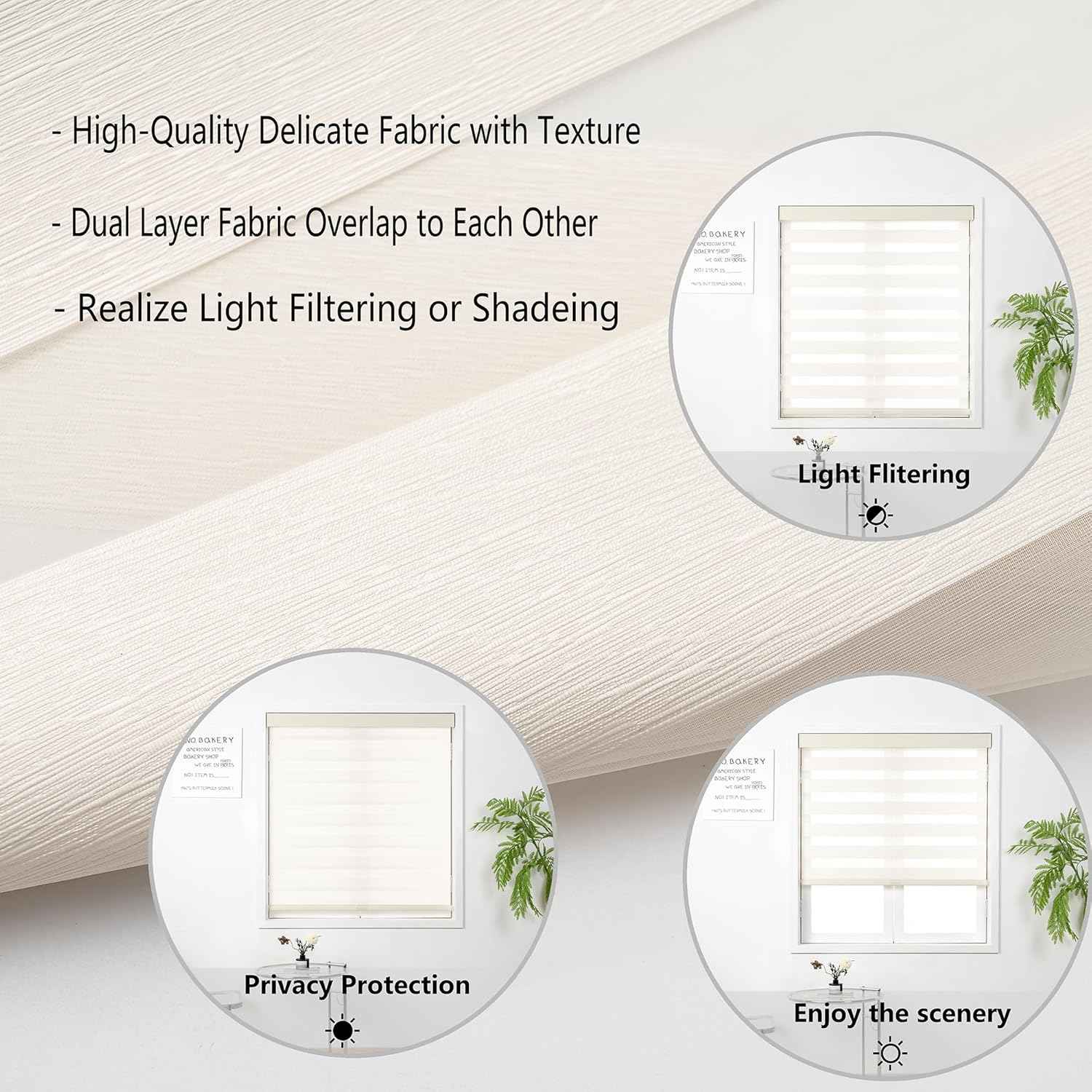 Cordless Zebra Blinds for Windows, Free-Stop Pull Down Roller Window Shades with Valance, Light Filtering Dual Layers Sheer Shades for Home and Office, Beige, 45" W x 72" H