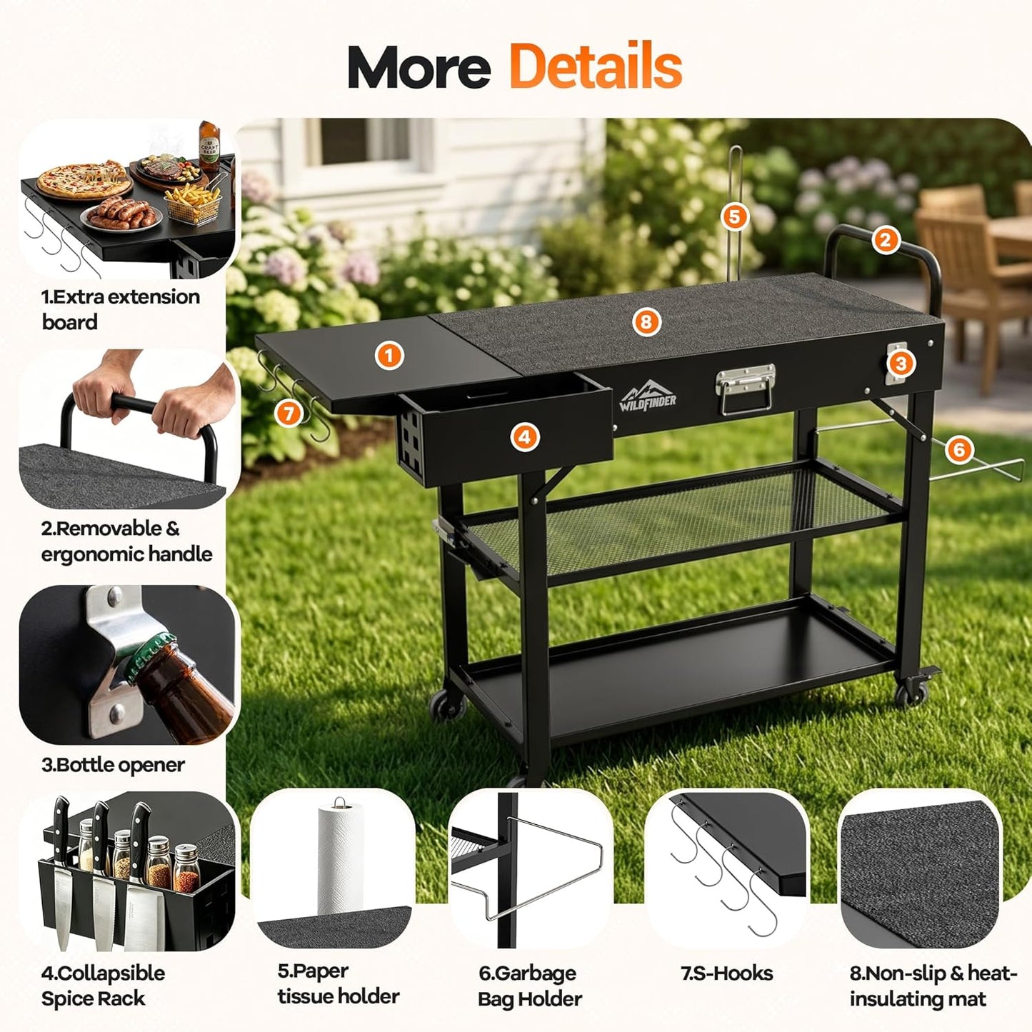 Grill Cart for Blackstone Griddle, Foldable Outdoor Grill Table with Wheels for Ninja, Pizza Oven Stand Grill Stand Fit 17 or 22 Inch Tabletop Griddle, Portable BBQ Prep Station with Tool Hooks
