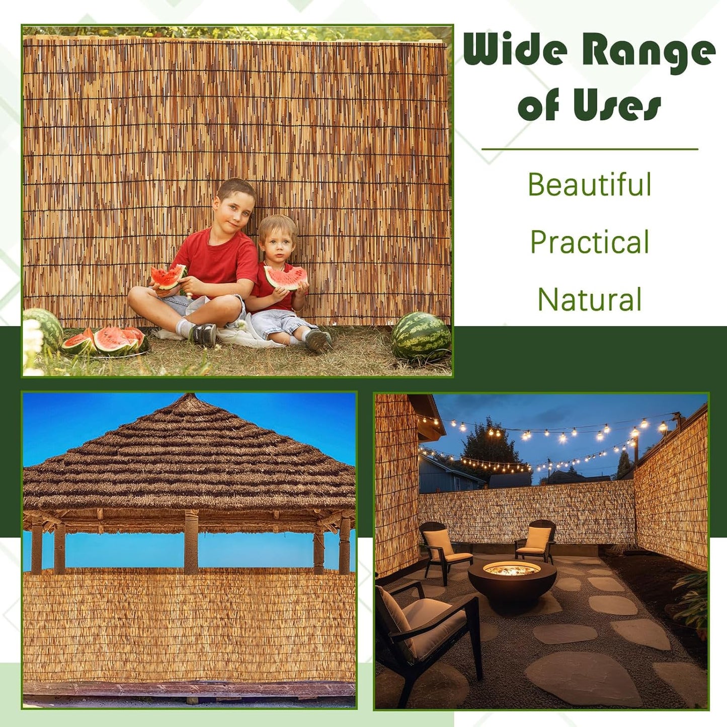 Barydat 3 Pcs 3 x 16.4 ft Bamboo Privacy Screen, Reed Fence Roller Patio Decorative Fences Reed Screen Curtain for Garden Backyard Patio Balconies
