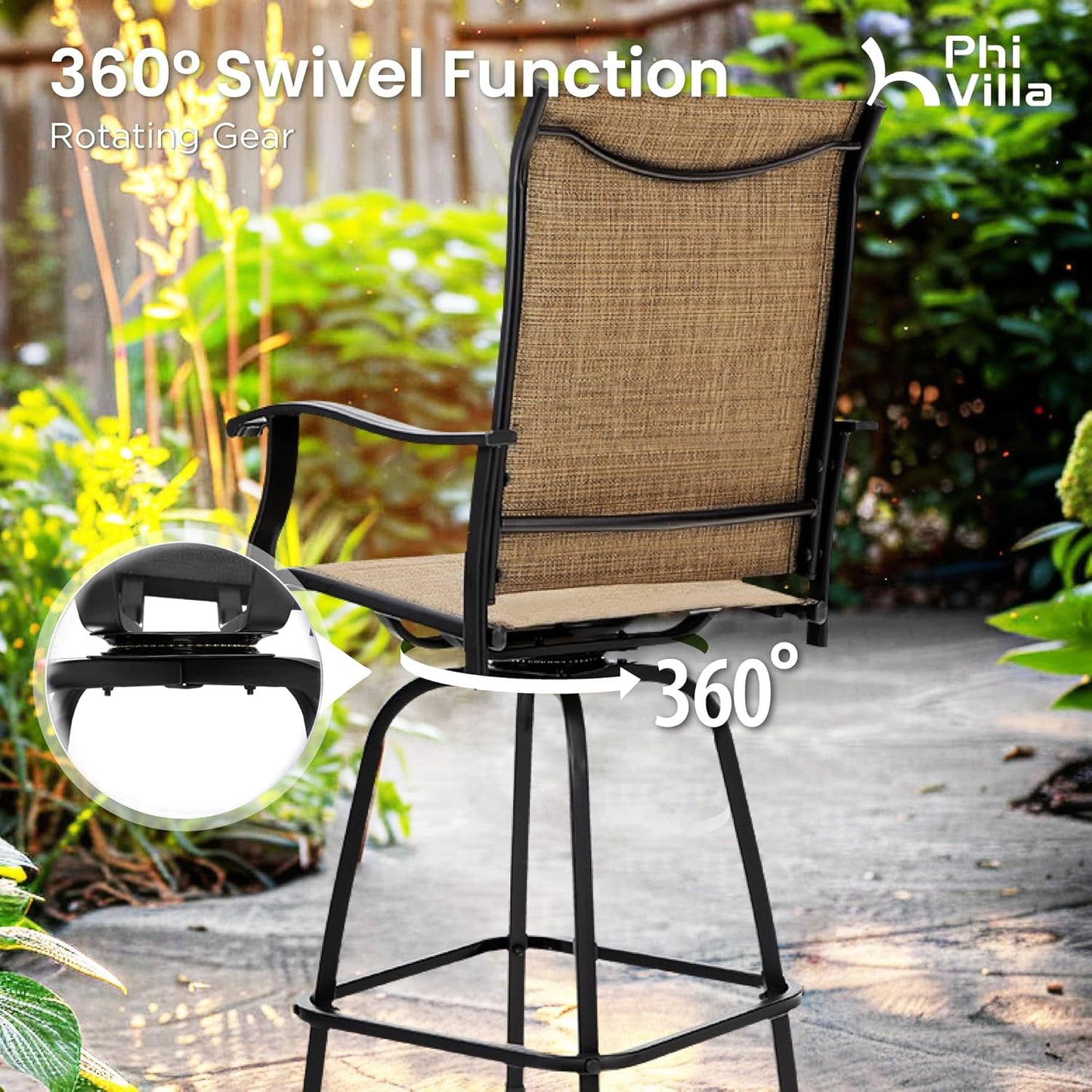 PHI VILLA Outdoor Swivel Bar Stools Set for 4, Metal Patio Bar Table and Chairs Set with Brown Textilene Fabric for Outside