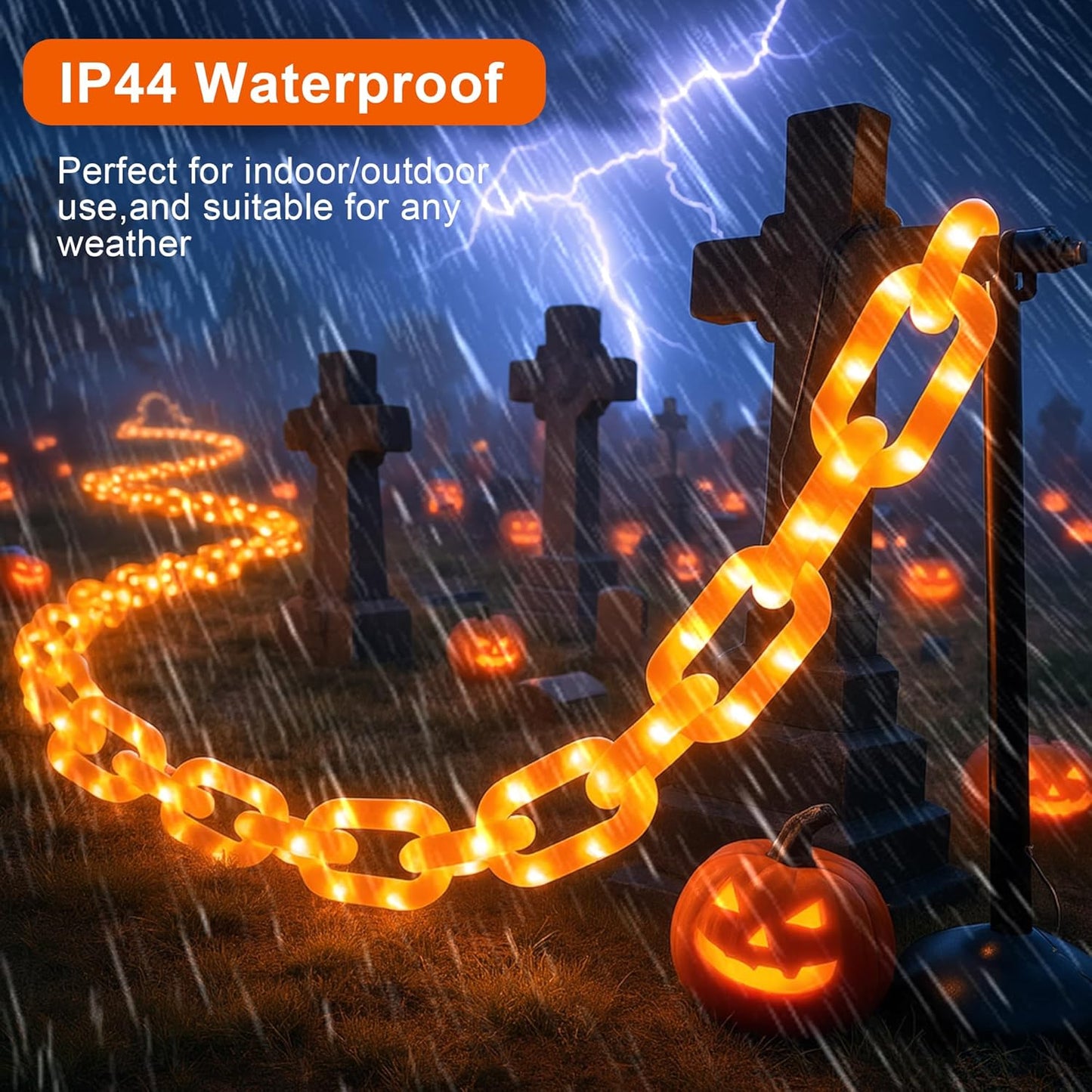 woohaha Halloween Decorations Plastic Chain Lights，10.5FT 175LED Orange Battery/USB Props Chains String Lights,8 Modes and Timer for Outdoor Halloween Party Creepy Cosplay Spooky Ornaments