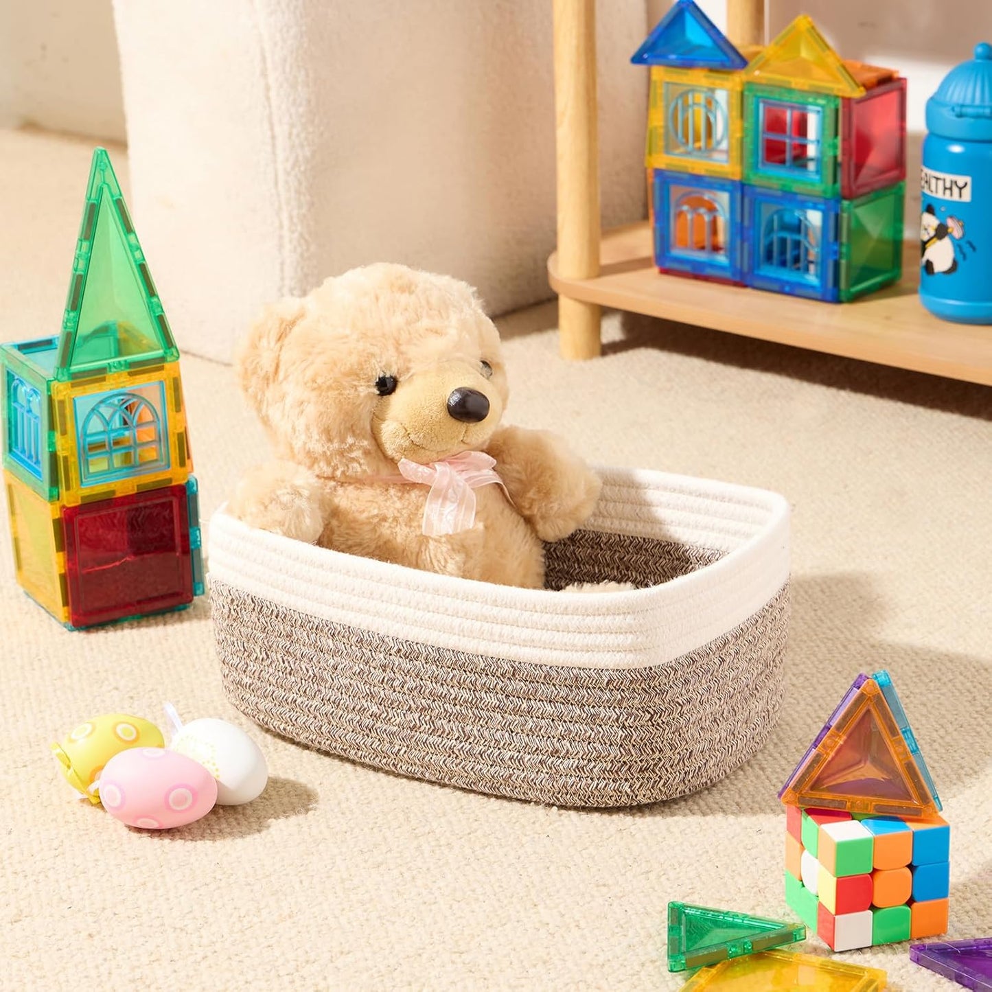 Small Storage Baskets for Organizing | Closet Organizer Bins | Shelf Toy Basket | Woven Rope Baskets | Cube Decorative Box | Shallow Basket | 11.5x7.5x4.7” | 4 Packs White Brown