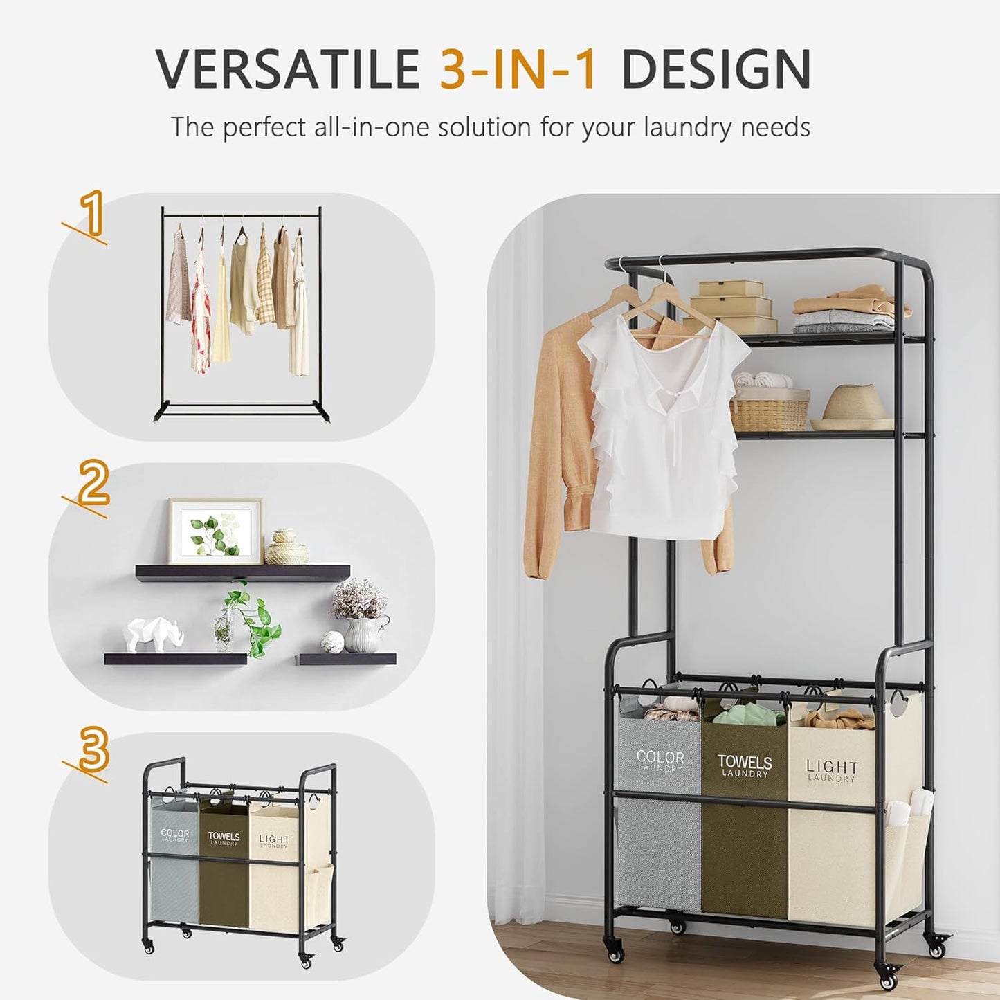 Laundry Sorter 3 Section,Laundry Hamper Cart with Hanging Rack & Removable Bags,Heavy Duty Laundry Basket Organizer with Wheels & 2 Tier Shelf,3 Colors