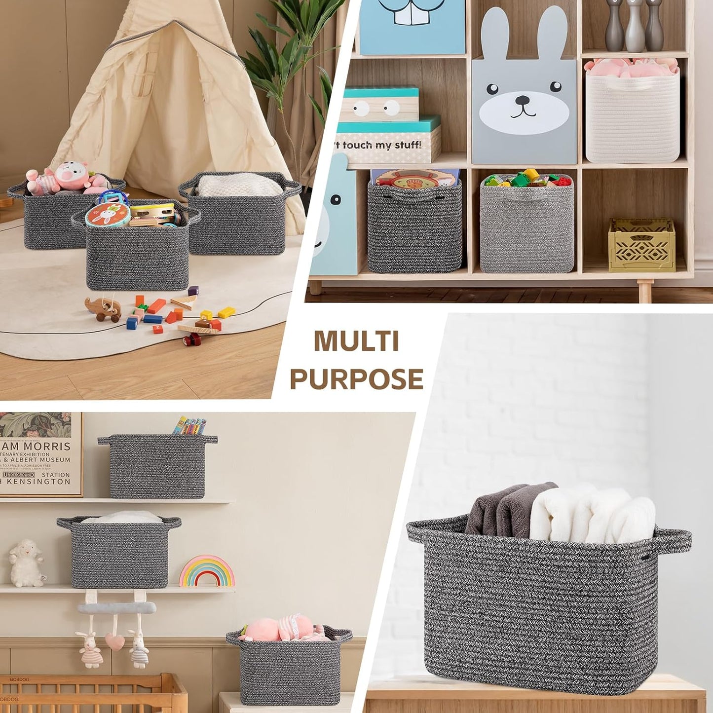 OIAHOMY Storage Basket, Woven Baskets for Storage, Cotton Rope Basket for toys,Towel Baskets for Bathroom - Pack of 3, Black