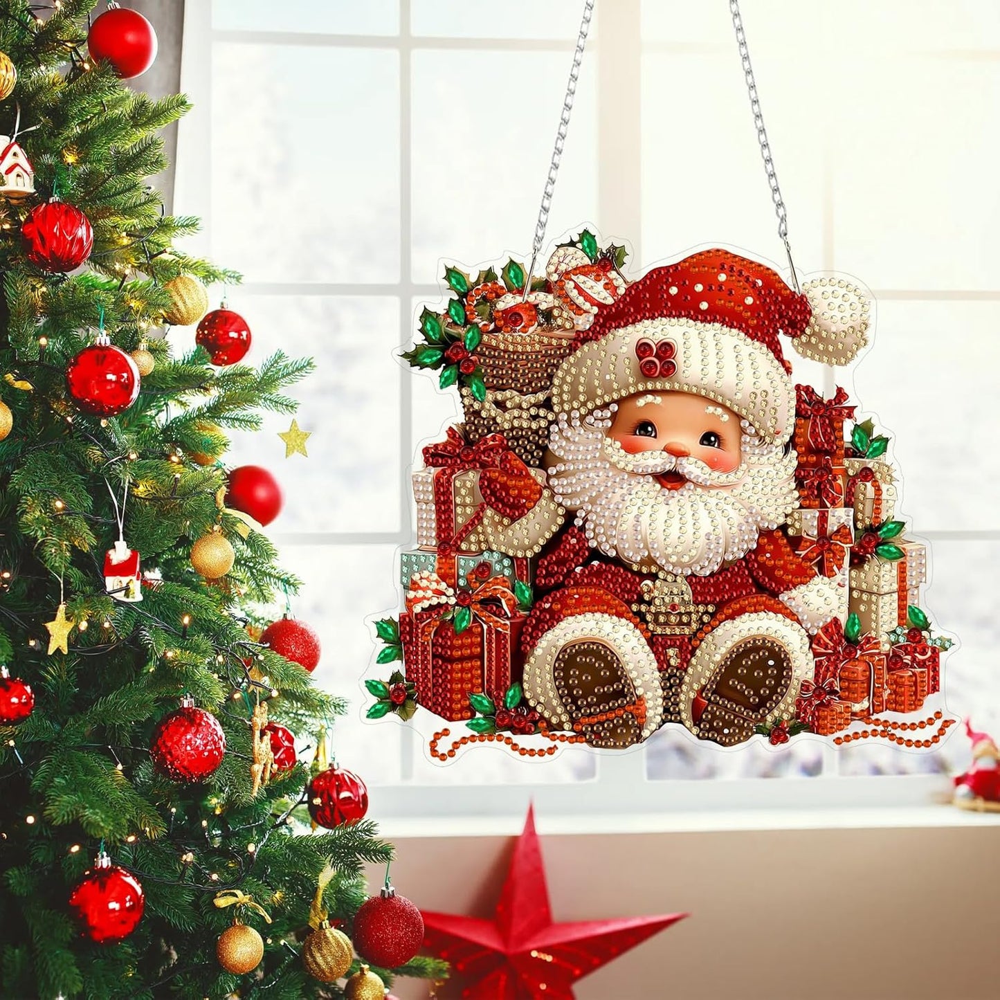 MEIYUDA Christmas Diamond Art Hanging Kits for Adult, Santa Claus Diamond Painting Hanging Kits Ornaments, DIY Special Shaped Rhinestone Window Pendants kit for Home Garden Wall Decor Gift