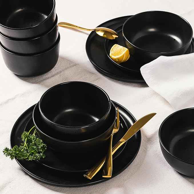Gibson Elite James Street Stoneware Matte Reactive Double Bowl Dinnerware Set - Pepper Black, Service for 4 (16pcs)