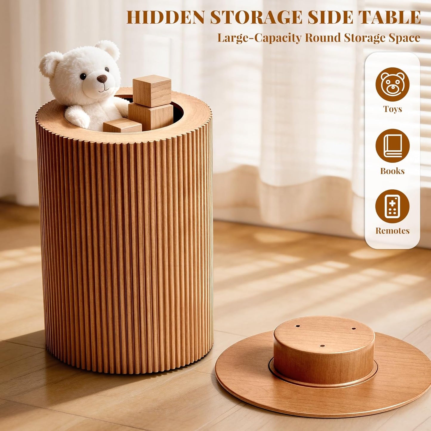 Round Side Table, 24" Fluted End Table with Storage, Mid Century Nightstand Modern Wood Bedside Accent Table, Farmhouse Circle End Tables for Couch, Home, Small Spaces, Bedroom, Living Room