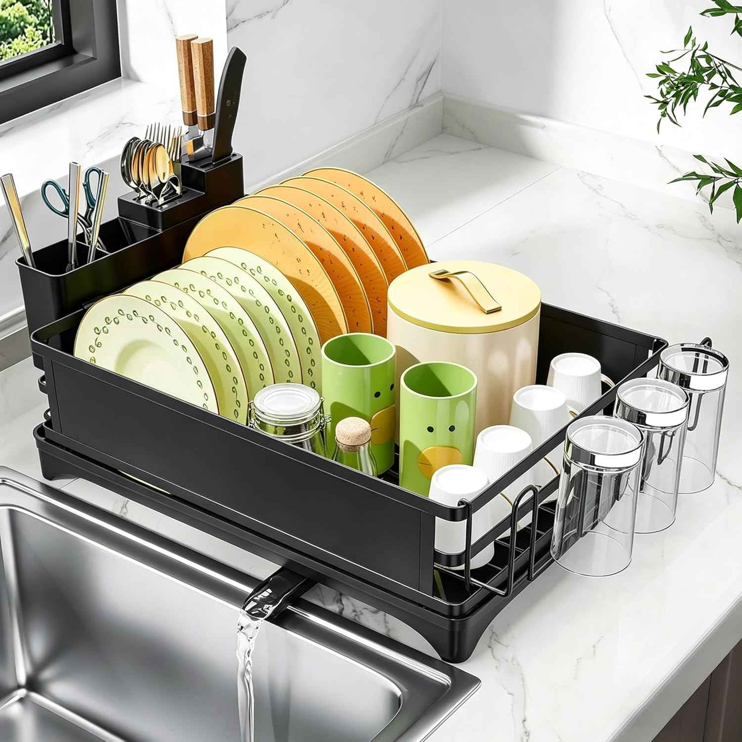Simple Trending Dish Drying Rack, Space-Saving Large Dish Rack for Kitchen Counter, Anti-Rust Dish Drainer with Cutlery & Cup Holders, Black