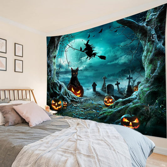 LB Halloween Tapestry Pumpkins Black Cat Dead Tree in Spooky Graveyard Full Moon Night with Witch Halloween Wall Hanging for Bedroom Living Room Dorm Decor 92.5x70.9 Inch
