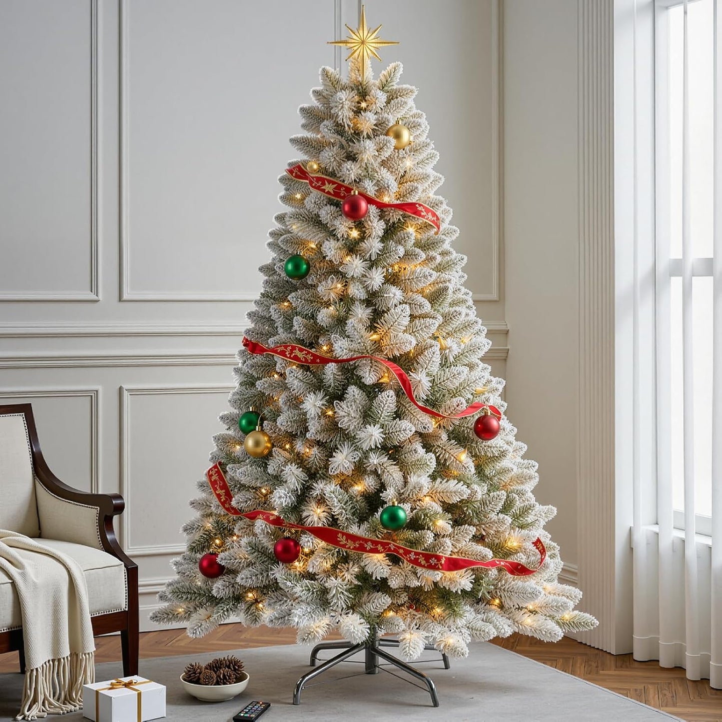 6 FT Pre-lit Snow Flocked Christmas Tree, Artificial Christmas Tree with 250 Warm White & Color LED Changing Lights, 600 PVC Branch Tips, Easy Assembly/Metal Stand/Hinged/8 Color Modes