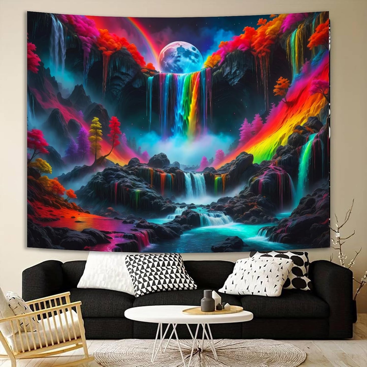 SparkLia Blacklight Waterfall Planet Tapestry, UV Reactive Glow in the Dark Fantasy Landscape Mountain Wave Neon Nature Wall Hanging Tapestries for Bedroom - 59 x 51 inches