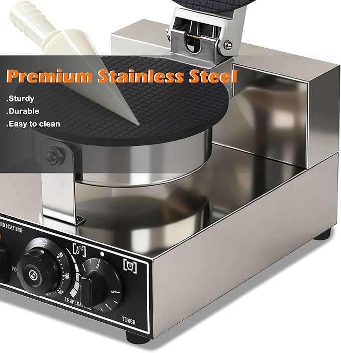 110V Electric Ice Cream Cone Maker 1300W Commercial Waffle Cone Machine 1300W Electric Stainless Steel Egg Cone Baker Non Stick coating with Temp & Time Control for for Restaurant Bakeries